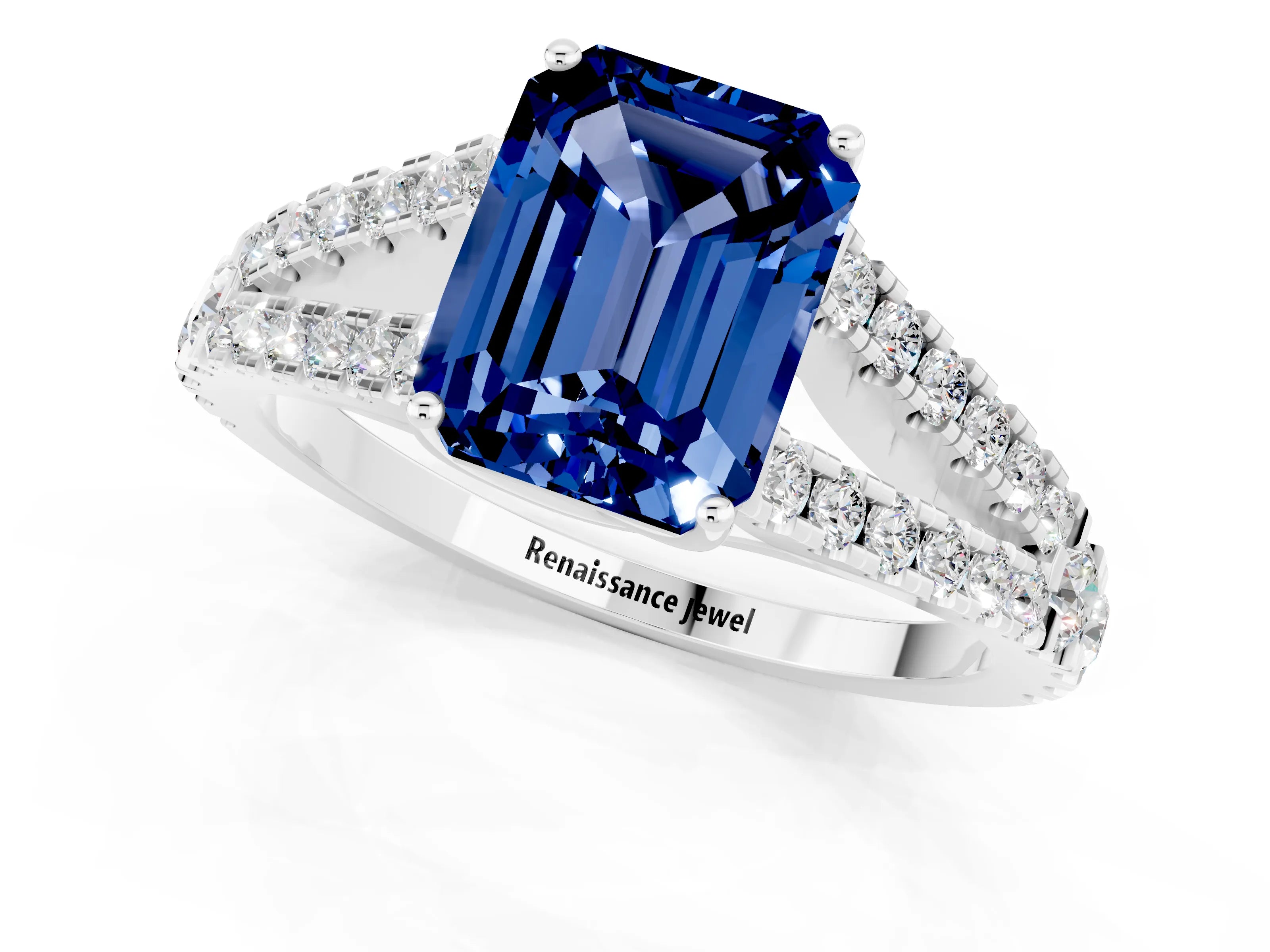 White gold Emerald Cut Blue Sapphire Split Shank Pavé Engagement Ring with Four-Prong Setting_13