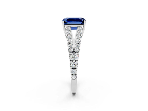 White gold Emerald Cut Blue Sapphire Split Shank Pavé Engagement Ring with Four-Prong Setting