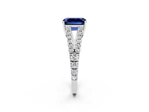 White gold Emerald Cut Blue Sapphire Split Shank Pavé Engagement Ring with Four-Prong Setting_14