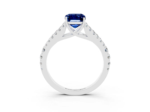 Platinum Emerald Cut Blue Sapphire Split Shank Pavé Engagement Ring with Four-Prong Setting