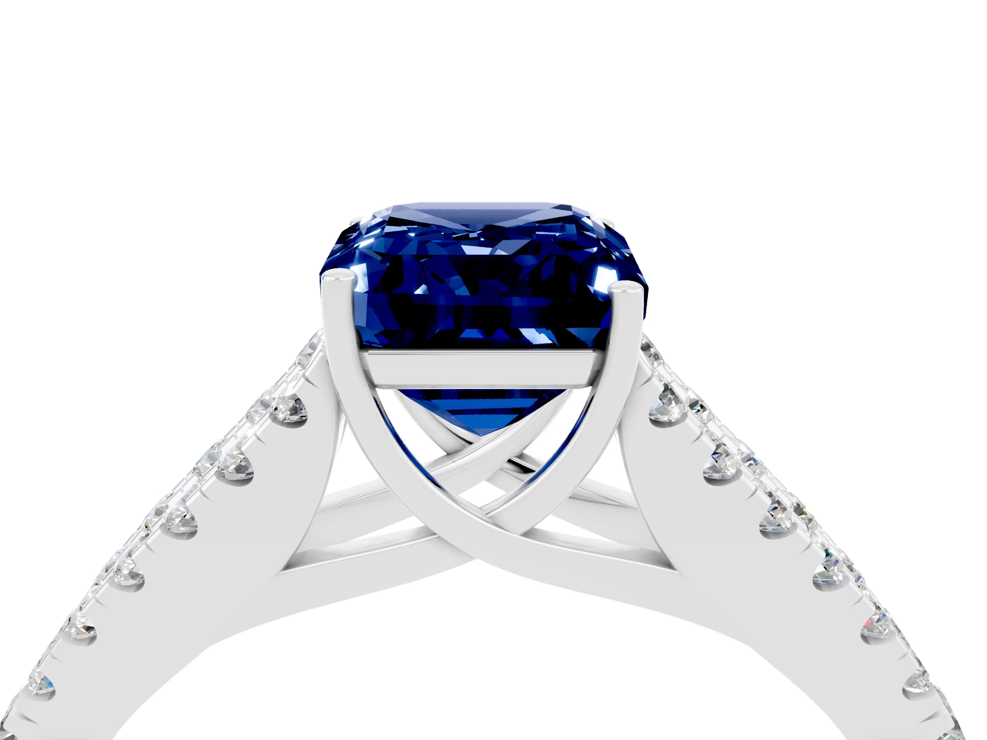 White gold Emerald Cut Blue Sapphire Split Shank Pavé Engagement Ring with Four-Prong Setting_16