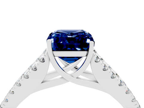 White gold Emerald Cut Blue Sapphire Split Shank Pavé Engagement Ring with Four-Prong Setting_16