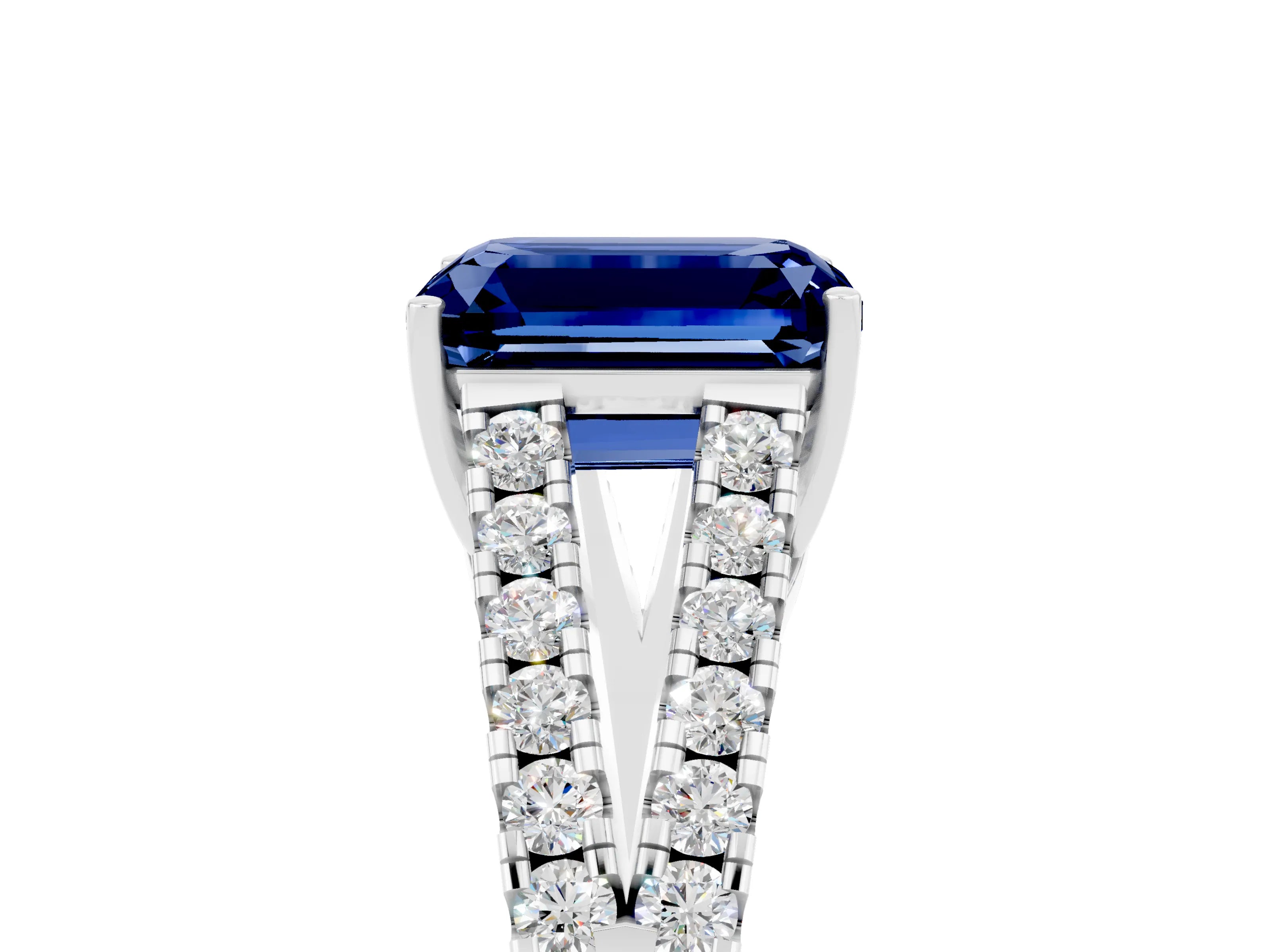 White gold Emerald Cut Blue Sapphire Split Shank Pavé Engagement Ring with Four-Prong Setting_17