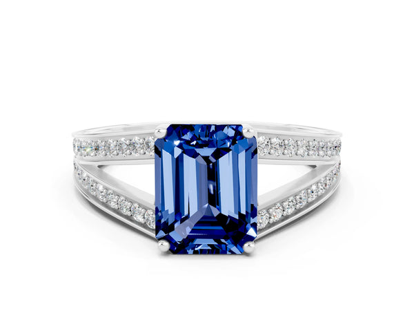 Platinum Emerald Cut Blue Sapphire Split Shank Ring with Pavé Band and Four-Prong Setting