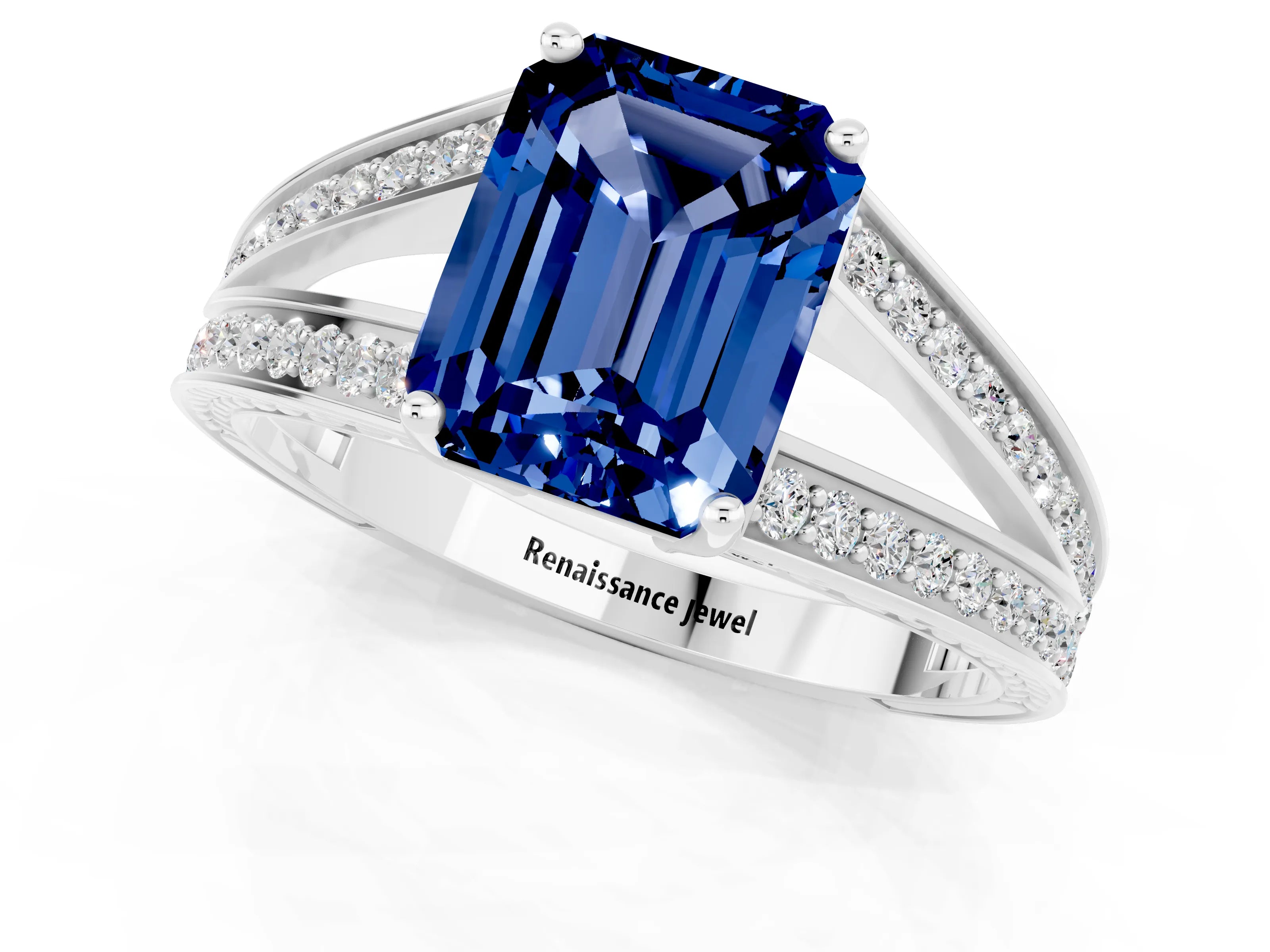 White gold Emerald Cut Blue Sapphire Split Shank Ring with Pavé Band and Four-Prong Setting_1