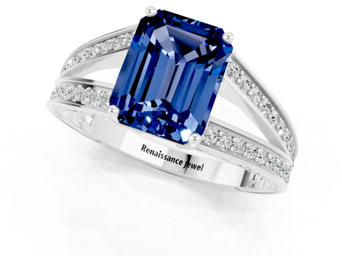 White gold Emerald Cut Blue Sapphire Split Shank Ring with Pavé Band and Four-Prong Setting_1