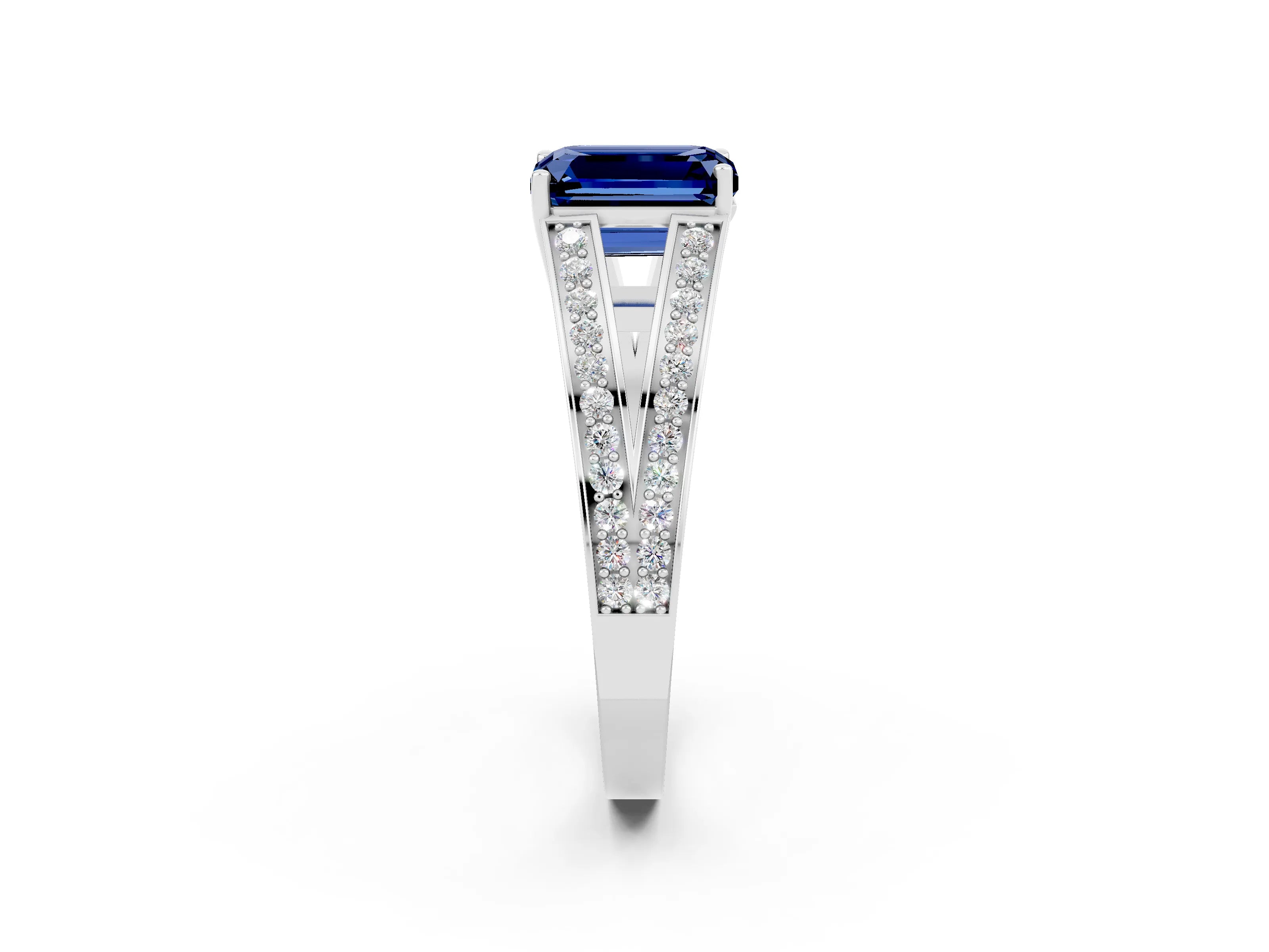 White gold Emerald Cut Blue Sapphire Split Shank Ring with Pavé Band and Four-Prong Setting_2