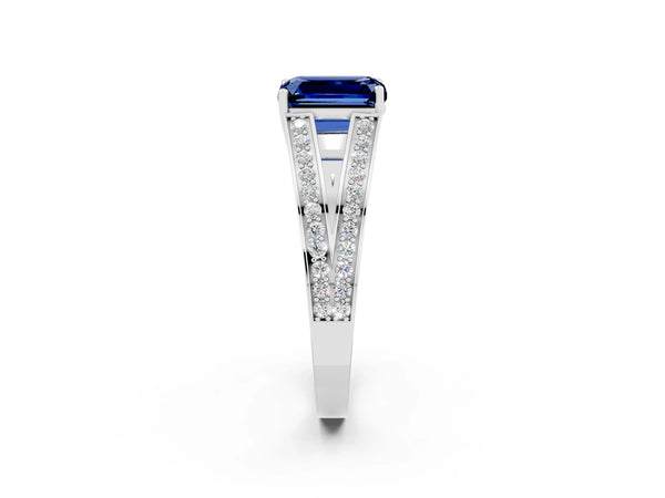 White gold Emerald Cut Blue Sapphire Split Shank Ring with Pavé Band and Four-Prong Setting