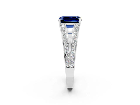 White gold Emerald Cut Blue Sapphire Split Shank Ring with Pavé Band and Four-Prong Setting_2