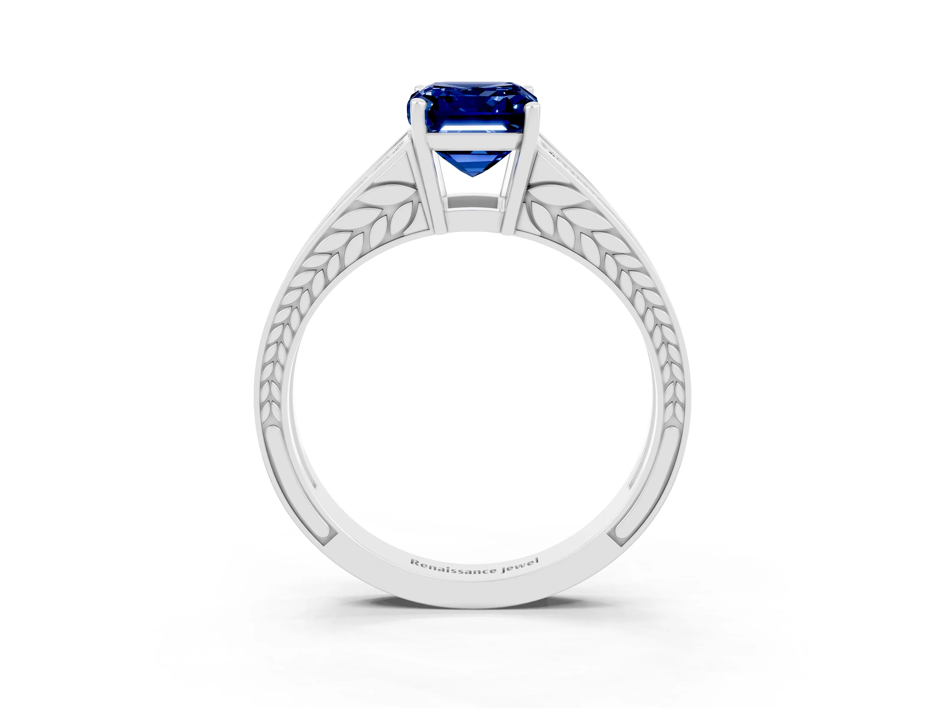 White gold Emerald Cut Blue Sapphire Split Shank Ring with Pavé Band and Four-Prong Setting_3