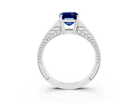 White gold Emerald Cut Blue Sapphire Split Shank Ring with Pavé Band and Four-Prong Setting_3