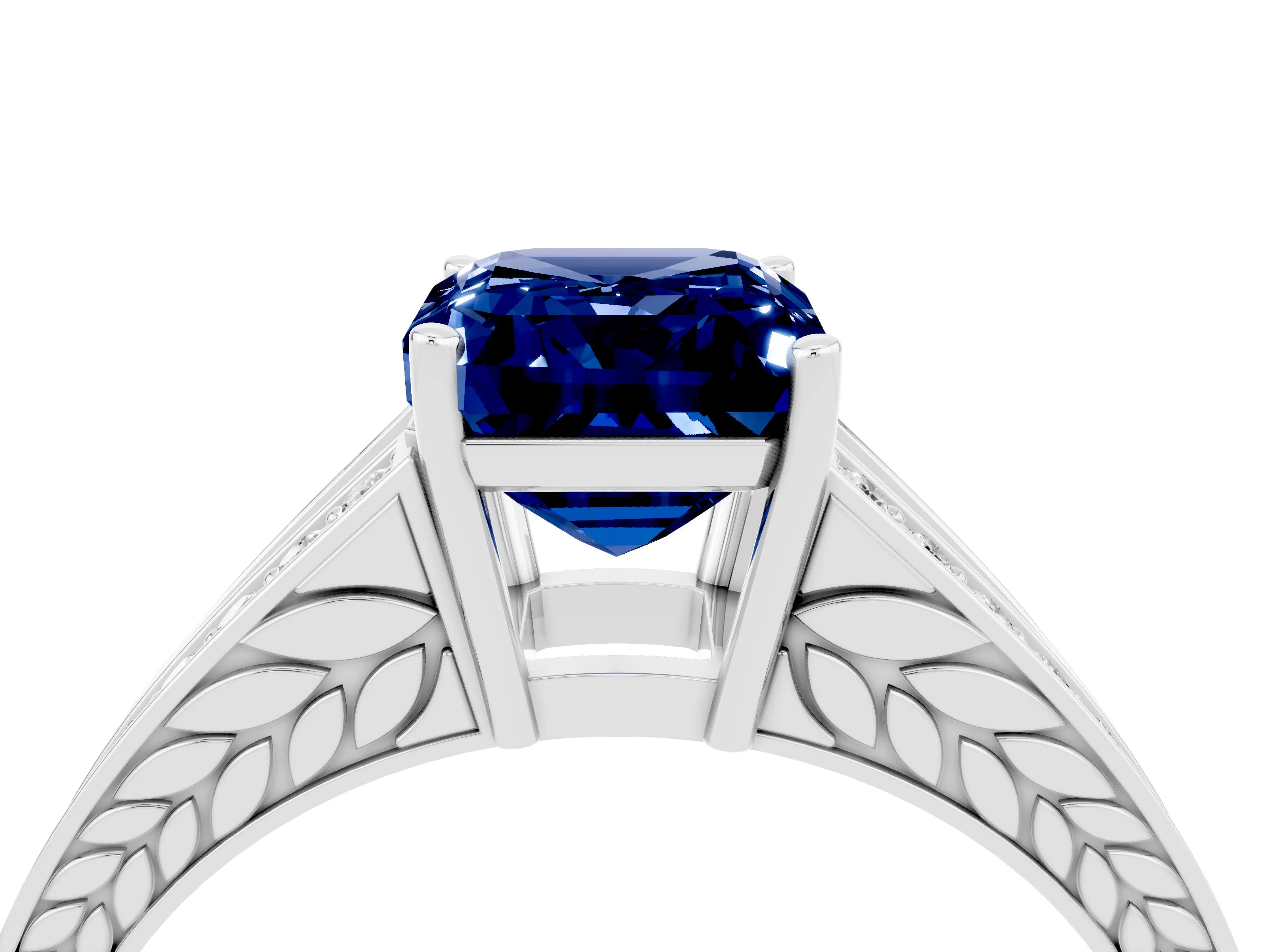 White gold Emerald Cut Blue Sapphire Split Shank Ring with Pavé Band and Four-Prong Setting_4