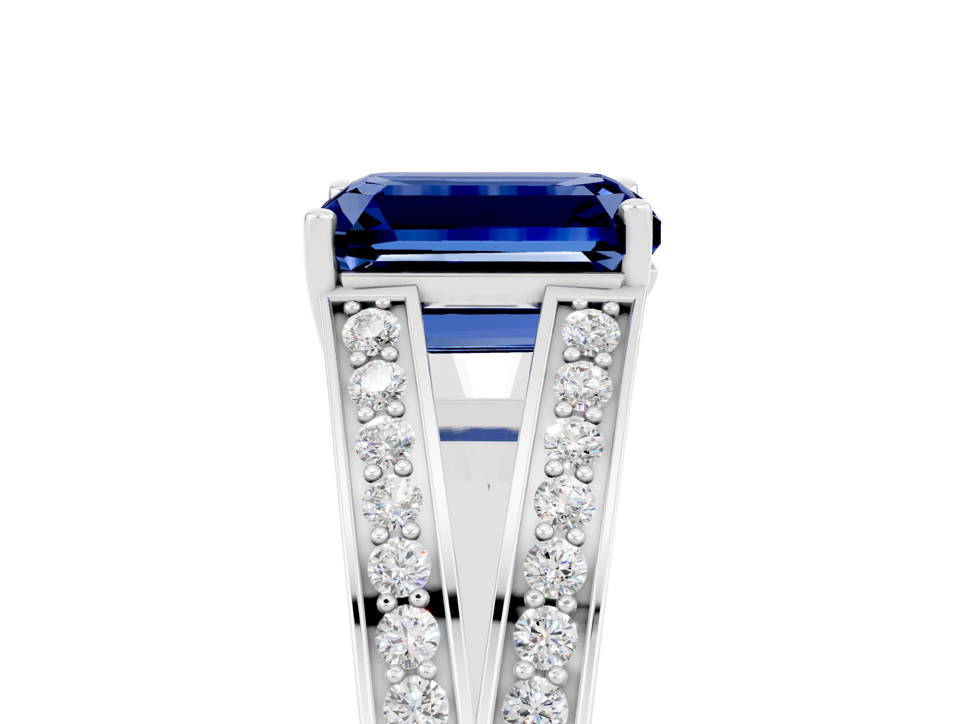 White gold Emerald Cut Blue Sapphire Split Shank Ring with Pavé Band and Four-Prong Setting_5