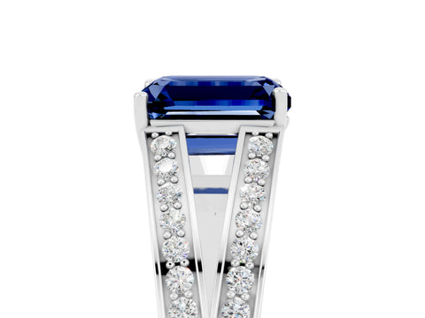 White gold Emerald Cut Blue Sapphire Split Shank Ring with Pavé Band and Four-Prong Setting_5