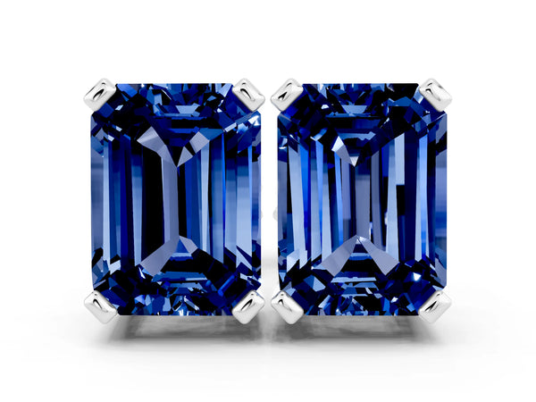 White gold Emerald Cut Blue Sapphire Stud Earrings