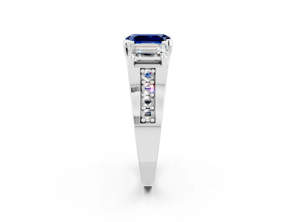 Platinum Emerald Cut Blue Sapphire Three-Stone Ring with Channel Set Band and Four-Prong Setting
