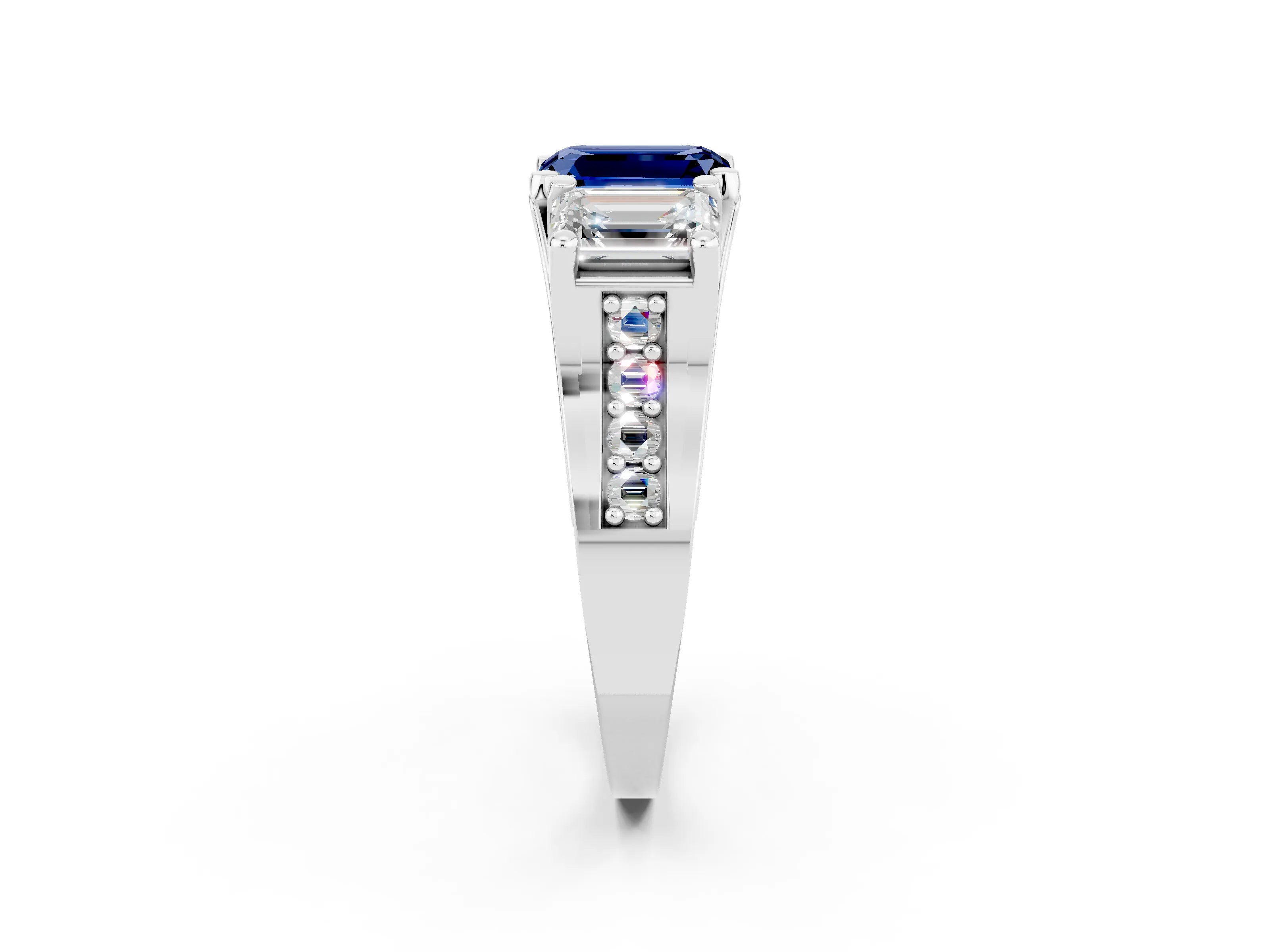 White gold Emerald Cut Blue Sapphire Three-Stone Ring with Channel Set Band and Four-Prong Setting_2