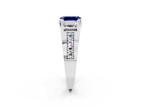 White gold Emerald Cut Blue Sapphire Three-Stone Ring with Channel Set Band and Four-Prong Setting_2
