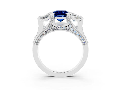 White gold Emerald Cut Blue Sapphire Three-Stone Ring with Channel Set Band and Four-Prong Setting_3
