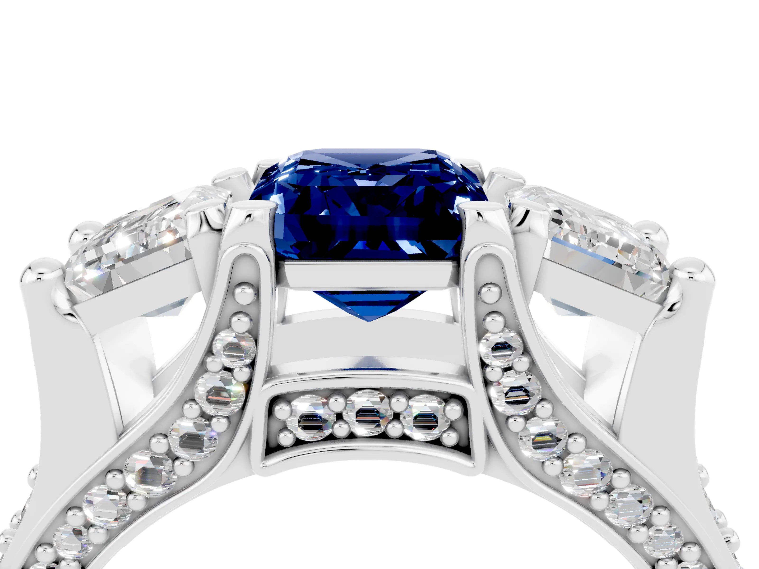 White gold Emerald Cut Blue Sapphire Three-Stone Ring with Channel Set Band and Four-Prong Setting_4