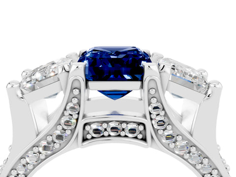 White gold Emerald Cut Blue Sapphire Three-Stone Ring with Channel Set Band and Four-Prong Setting_4