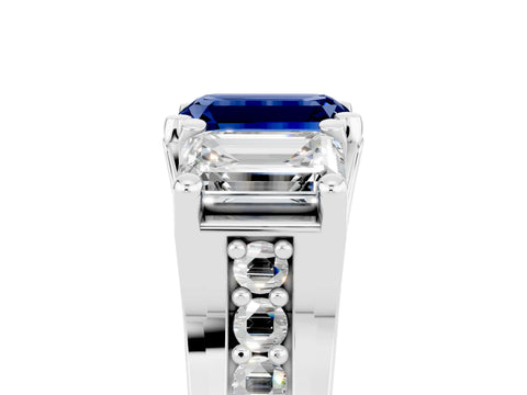 White gold Emerald Cut Blue Sapphire Three-Stone Ring with Channel Set Band and Four-Prong Setting_5