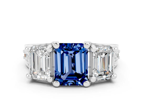 Silver Emerald Cut Blue Sapphire Three-Stone Ring with Channel Set Band and Four-Prong Setting