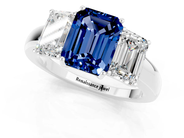 White gold Emerald Cut Blue Sapphire Three-Stone Ring with Four-Prong Setting and Classic Band