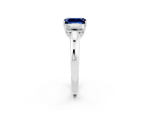 White gold Emerald Cut Blue Sapphire Three-Stone Ring with Four-Prong Setting and Classic Band_2