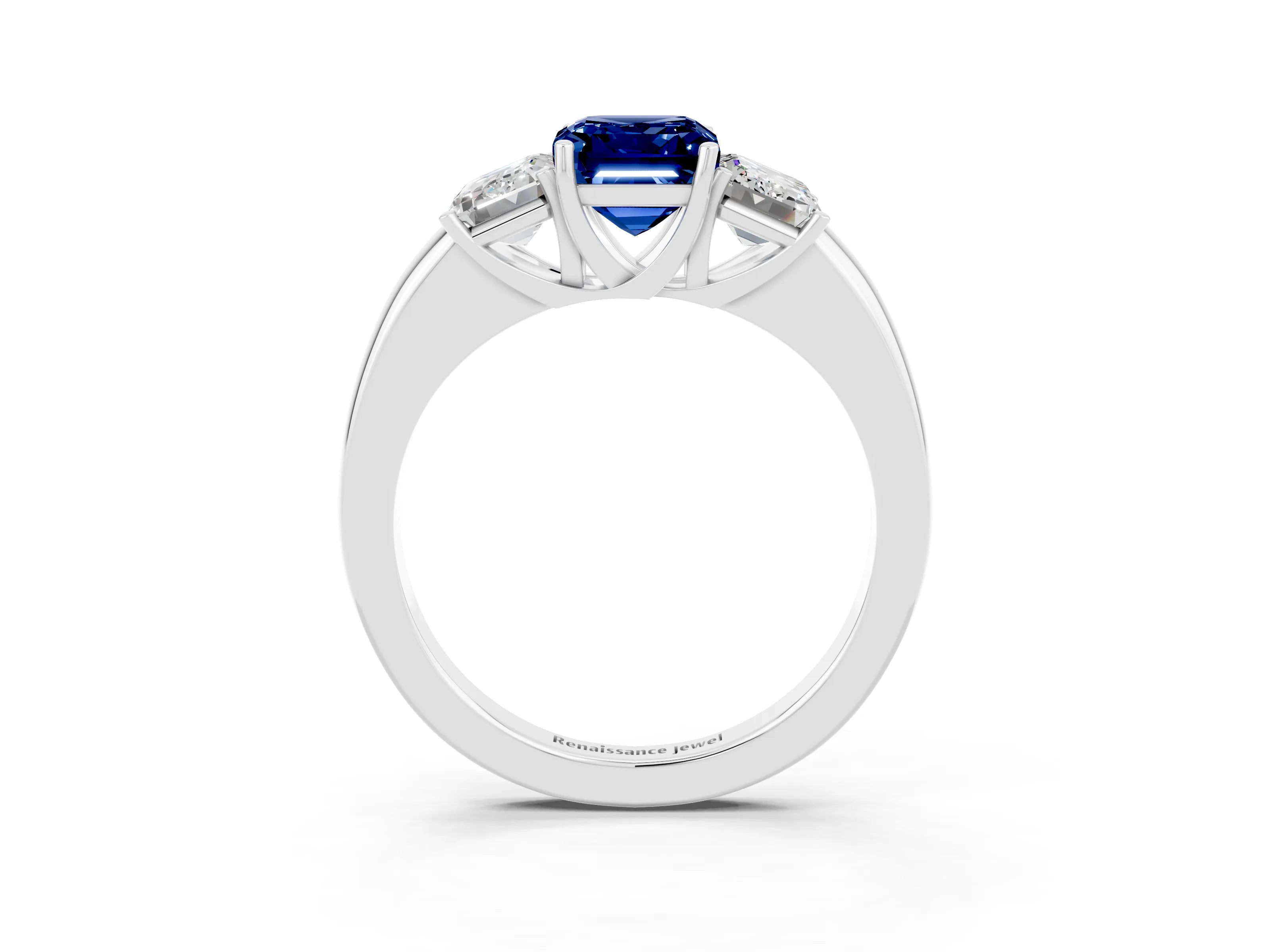 White gold Emerald Cut Blue Sapphire Three-Stone Ring with Four-Prong Setting and Classic Band_3