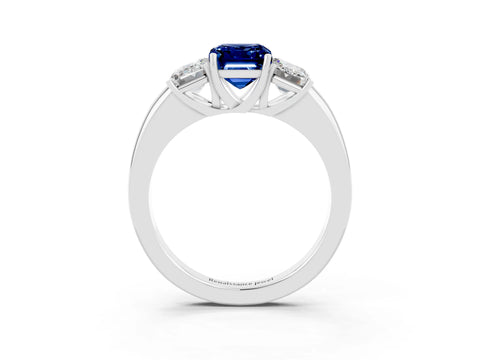 White gold Emerald Cut Blue Sapphire Three-Stone Ring with Four-Prong Setting and Classic Band_3