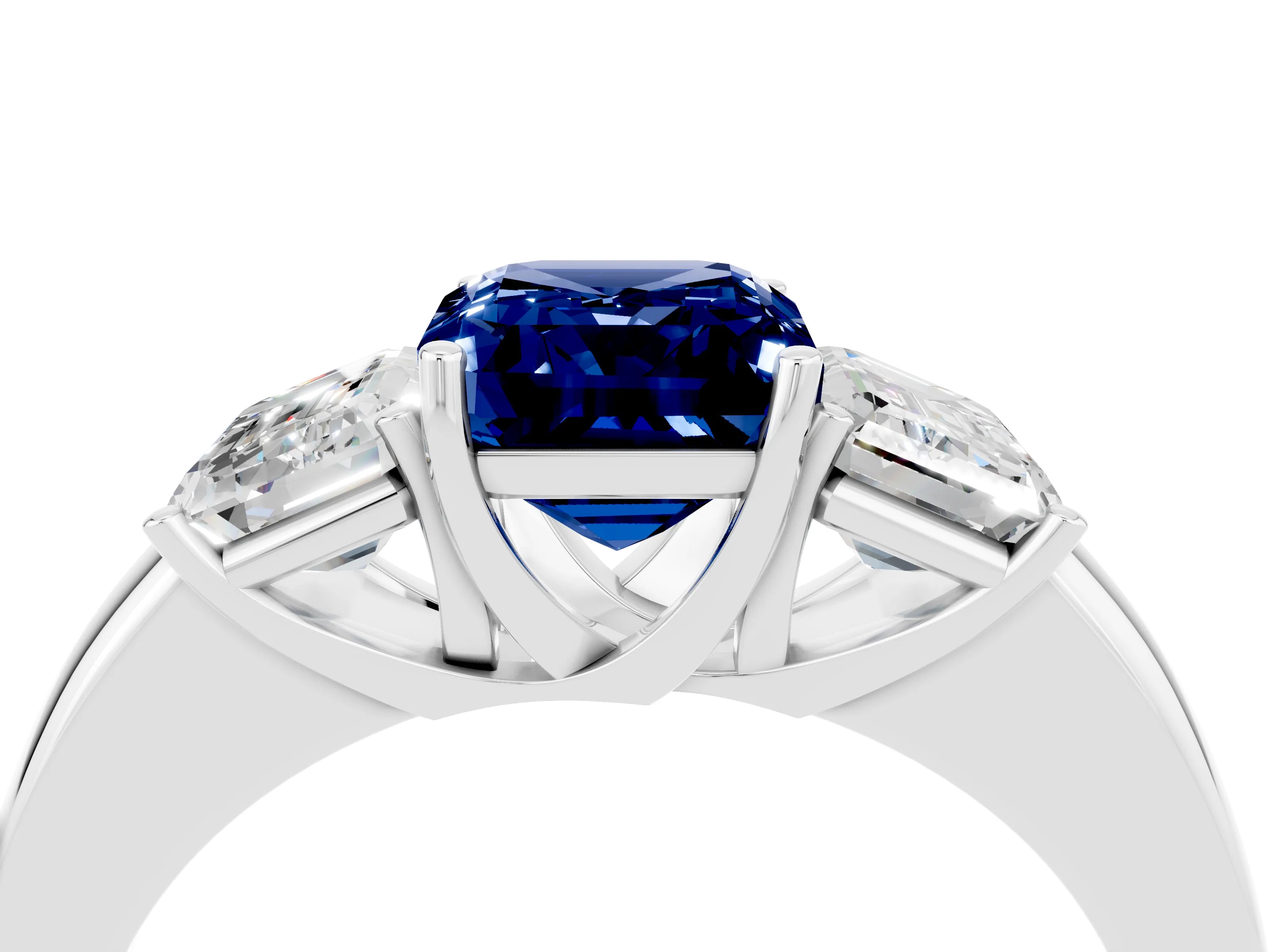 White gold Emerald Cut Blue Sapphire Three-Stone Ring with Four-Prong Setting and Classic Band_4
