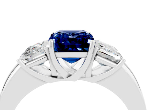 White gold Emerald Cut Blue Sapphire Three-Stone Ring with Four-Prong Setting and Classic Band_4