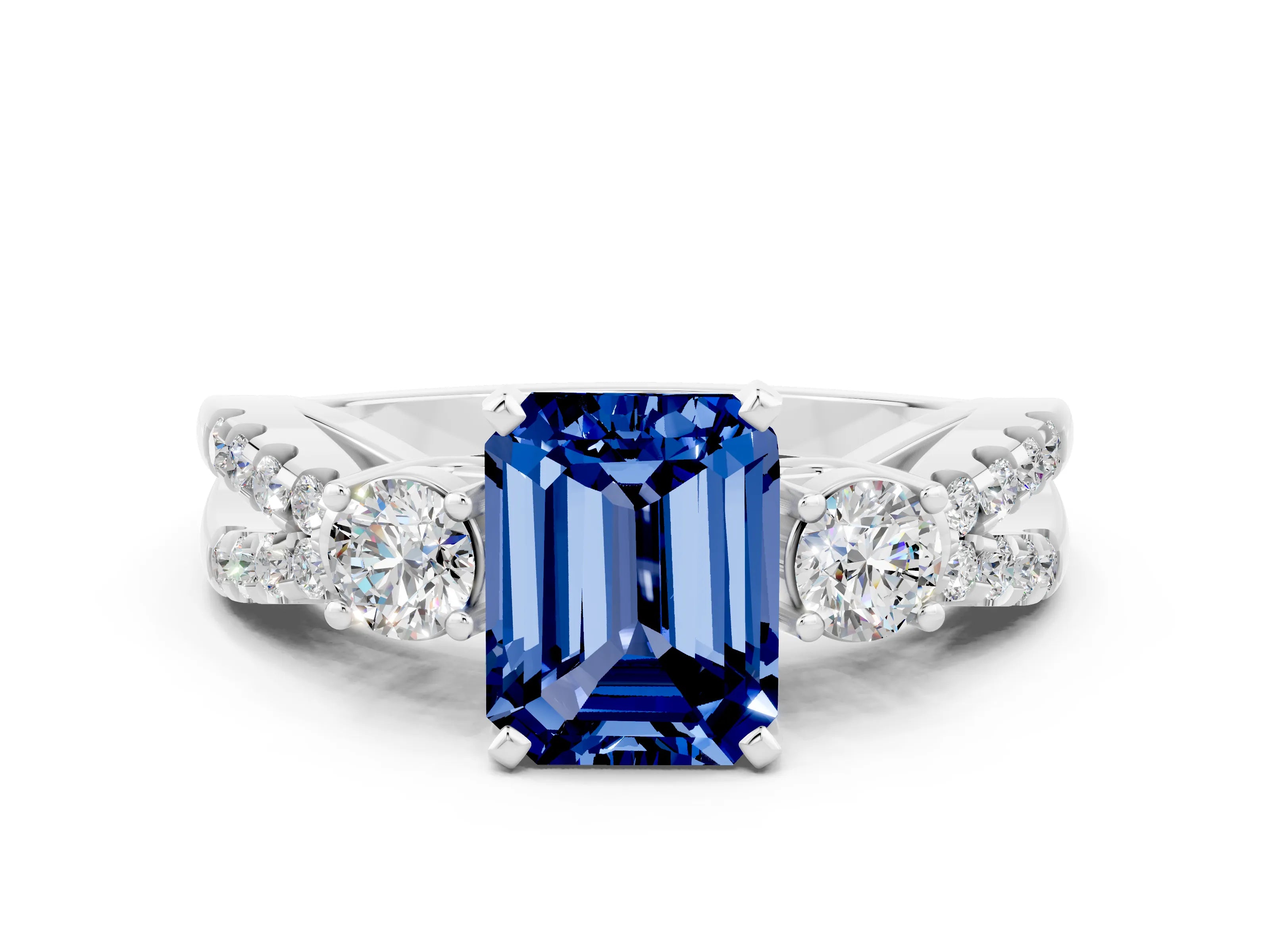 White gold Emerald Cut Blue Sapphire Three-Stone Ring with Pavé Split Shank and Four-Prong Setting
