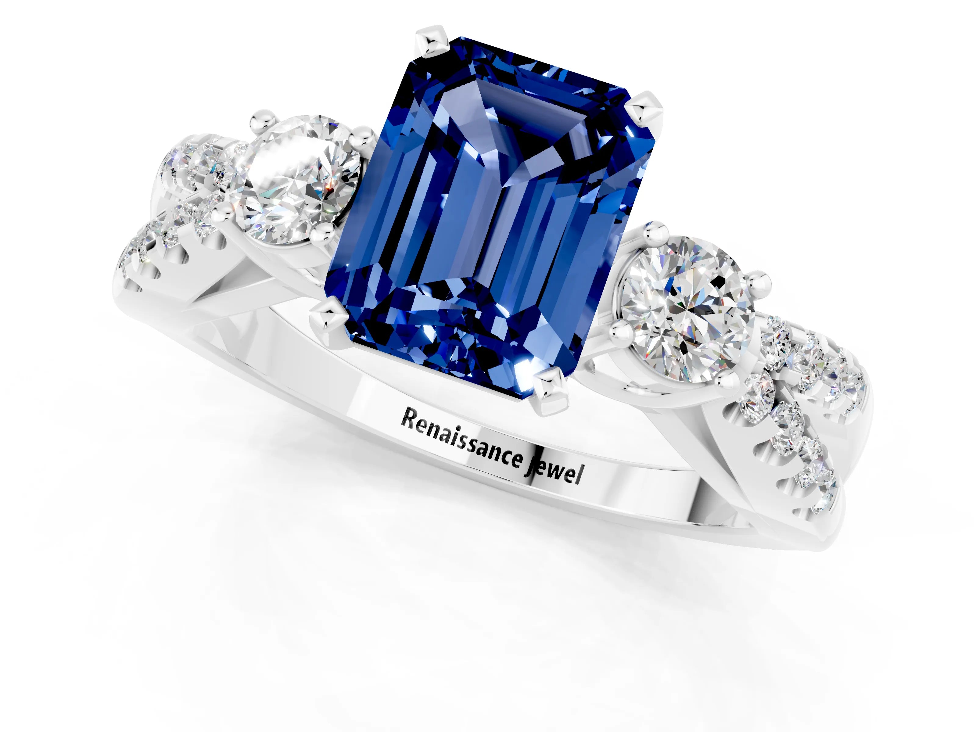 White gold Emerald Cut Blue Sapphire Three-Stone Ring with Pavé Split Shank and Four-Prong Setting_1