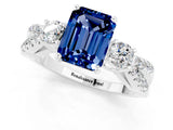 White gold Emerald Cut Blue Sapphire Three-Stone Ring with Pavé Split Shank and Four-Prong Setting_1