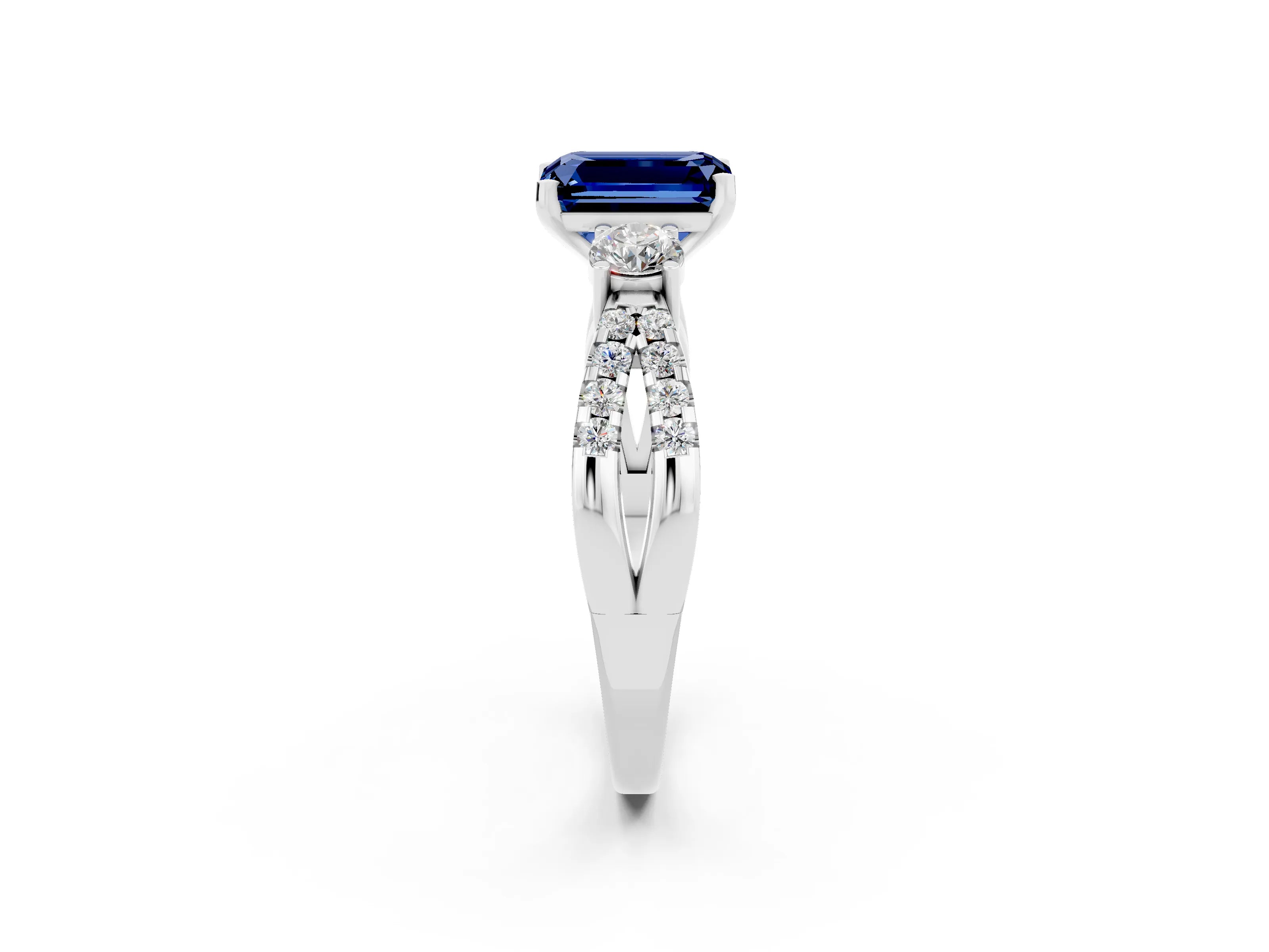 White gold Emerald Cut Blue Sapphire Three-Stone Ring with Pavé Split Shank and Four-Prong Setting_2