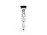 White gold Emerald Cut Blue Sapphire Three-Stone Ring with Pavé Split Shank and Four-Prong Setting_2