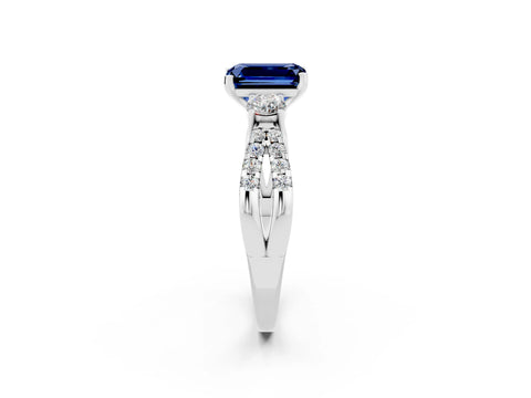 White gold Emerald Cut Blue Sapphire Three-Stone Ring with Pavé Split Shank and Four-Prong Setting_2