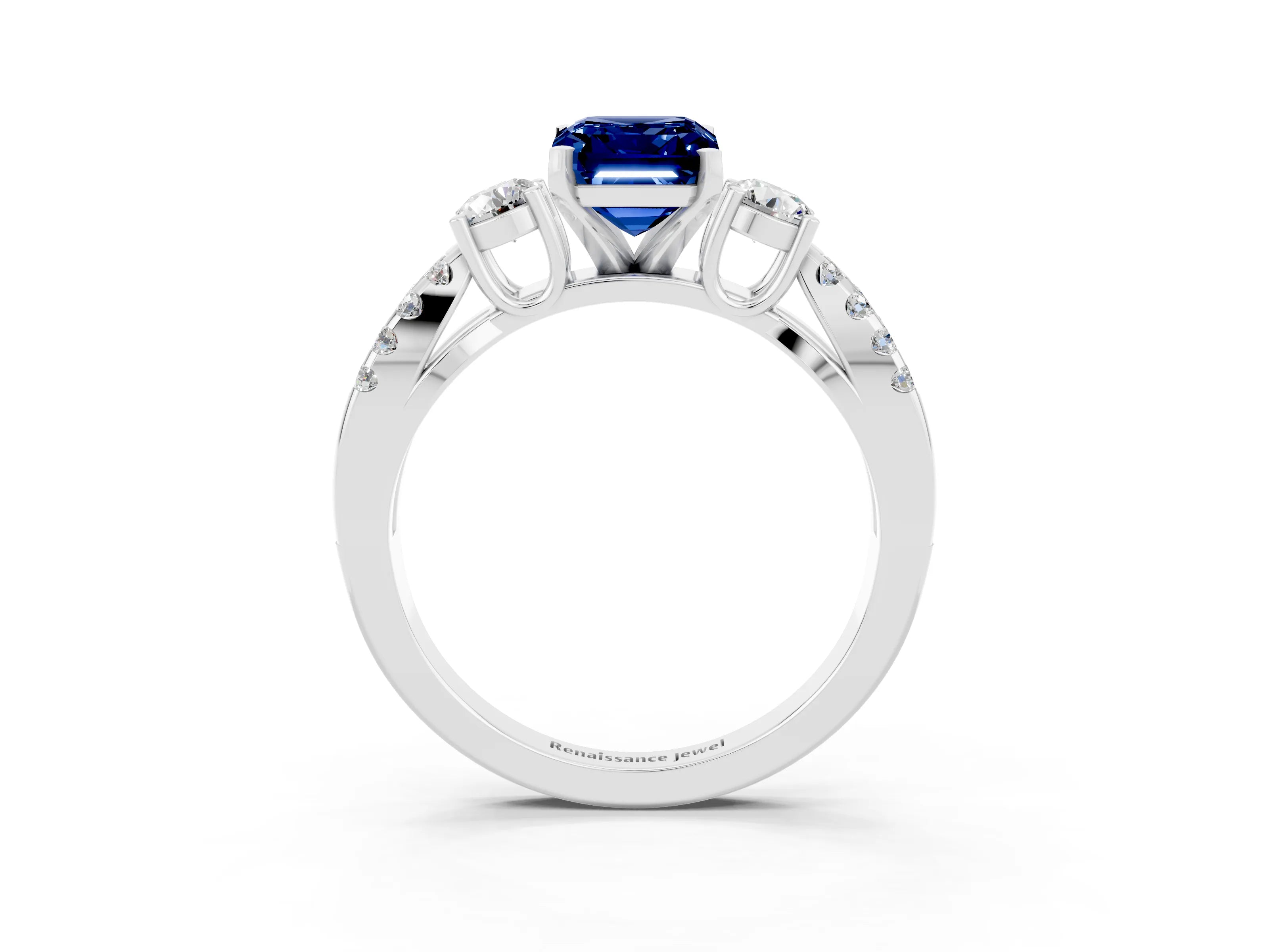 White gold Emerald Cut Blue Sapphire Three-Stone Ring with Pavé Split Shank and Four-Prong Setting_3