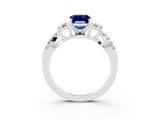 White gold Emerald Cut Blue Sapphire Three-Stone Ring with Pavé Split Shank and Four-Prong Setting_3