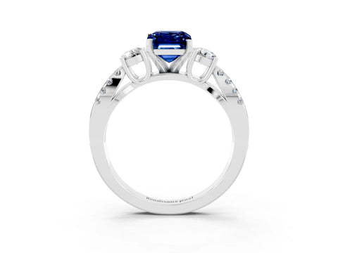 White gold Emerald Cut Blue Sapphire Three-Stone Ring with Pavé Split Shank and Four-Prong Setting_3