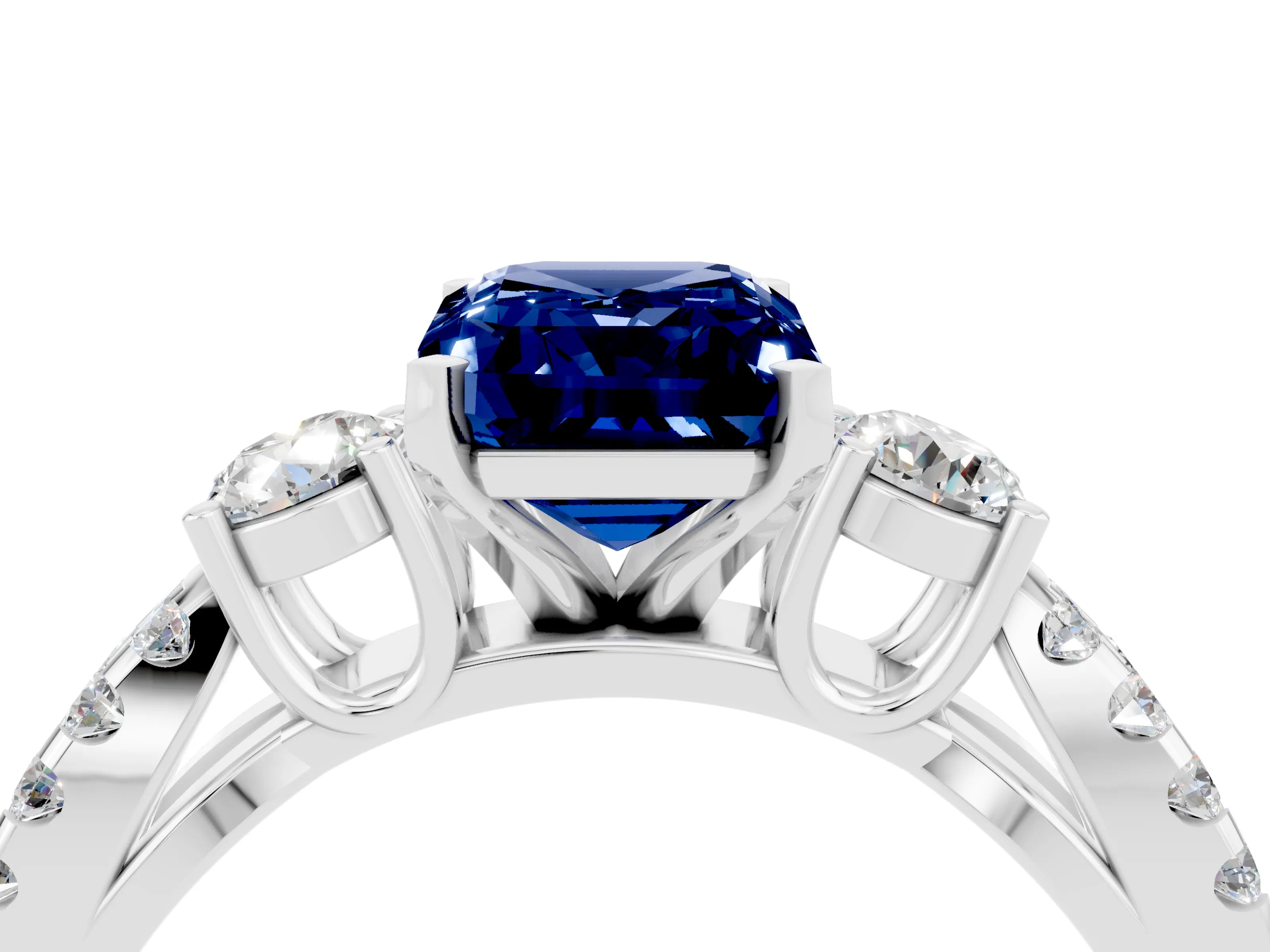 White gold Emerald Cut Blue Sapphire Three-Stone Ring with Pavé Split Shank and Four-Prong Setting_4