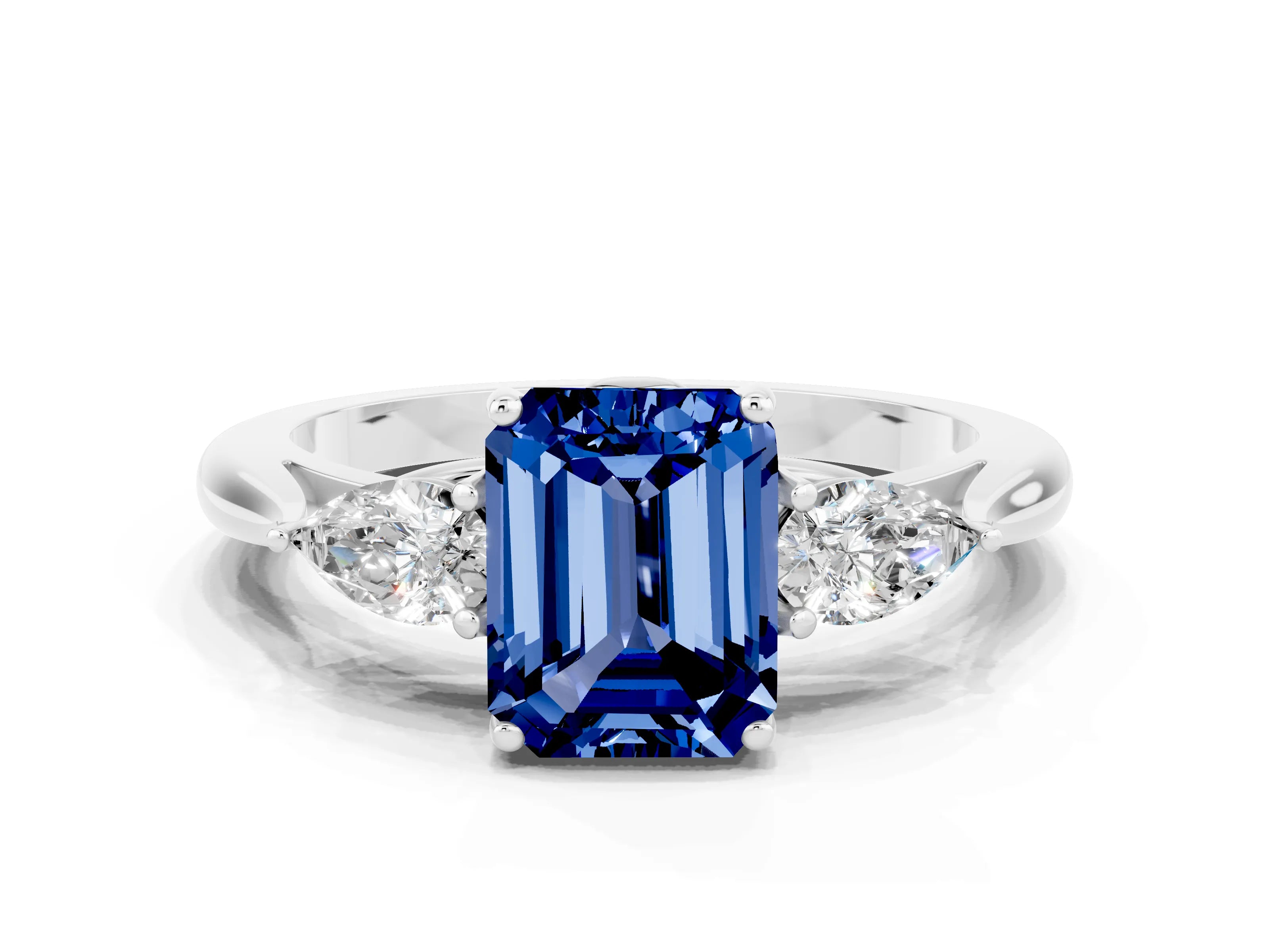 White gold Emerald Cut Blue Sapphire Three-Stone Ring with Pear Side Stones and Four-Prong Setting_12