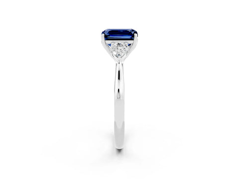White gold Emerald Cut Blue Sapphire Three-Stone Ring with Pear Side Stones and Four-Prong Setting_14
