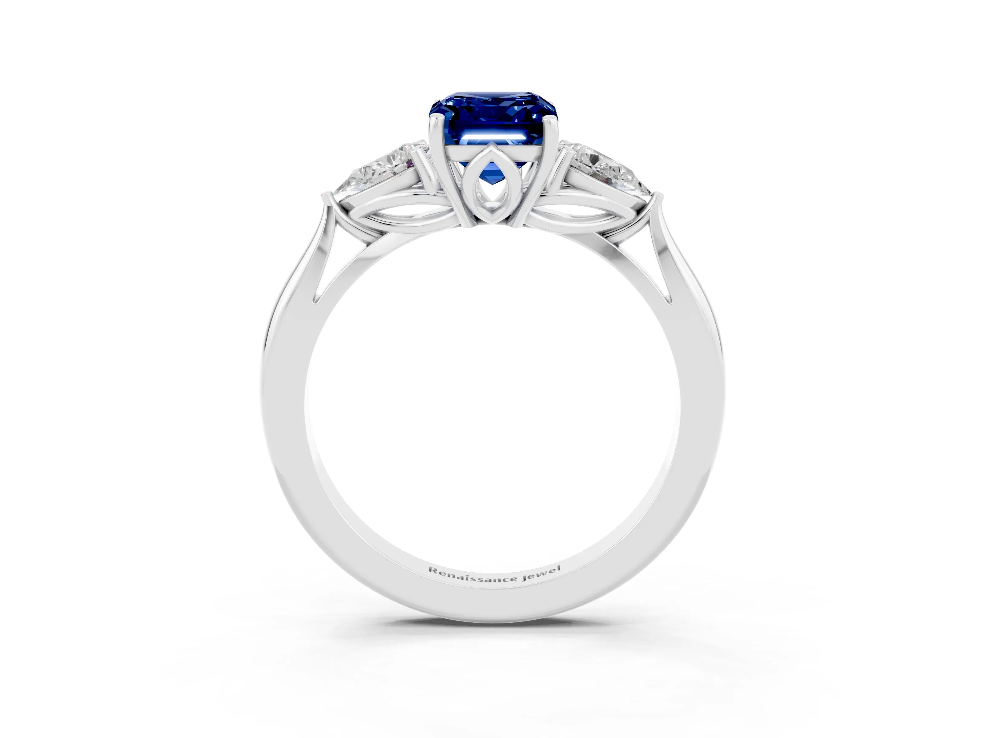 White gold Emerald Cut Blue Sapphire Three-Stone Ring with Pear Side Stones and Four-Prong Setting_15