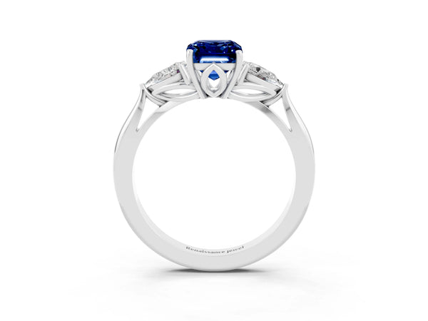 Silver Emerald Cut Blue Sapphire Three-Stone Ring with Pear  Side Stones and Prong Setting