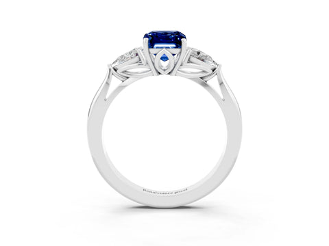 White gold Emerald Cut Blue Sapphire Three-Stone Ring with Pear Side Stones and Four-Prong Setting_15
