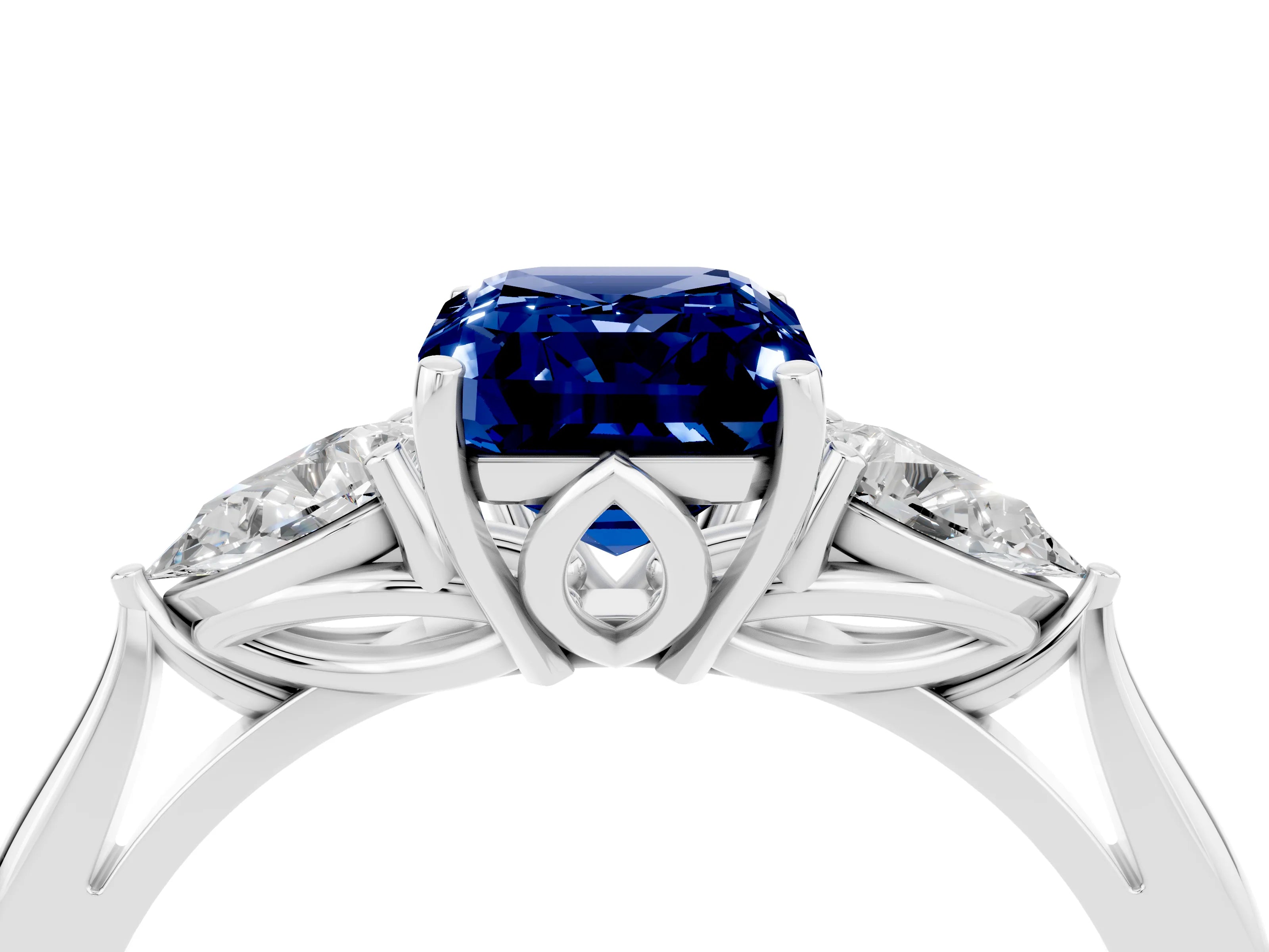 White gold Emerald Cut Blue Sapphire Three-Stone Ring with Pear Side Stones and Four-Prong Setting_16