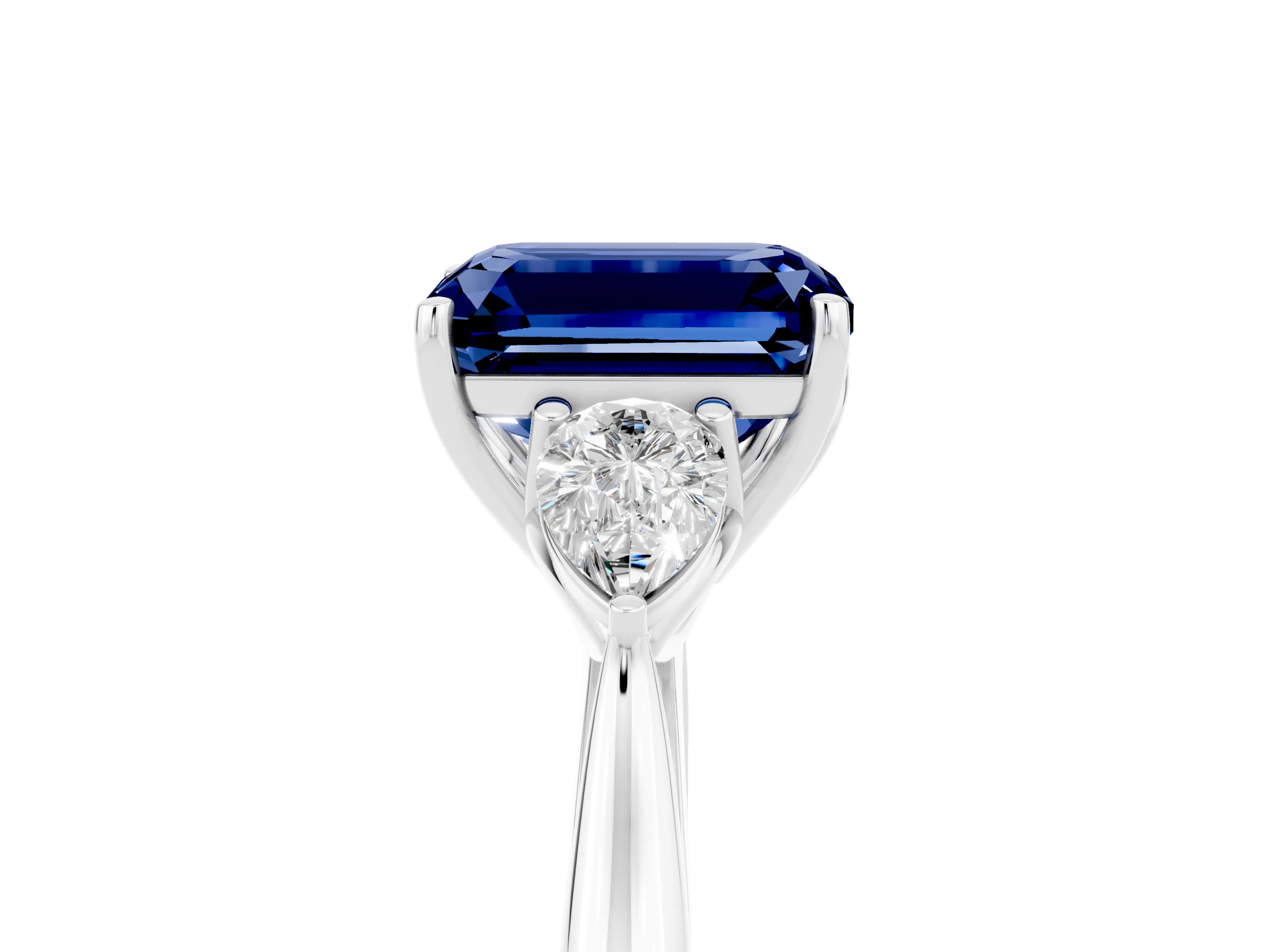 White gold Emerald Cut Blue Sapphire Three-Stone Ring with Pear Side Stones and Four-Prong Setting_17